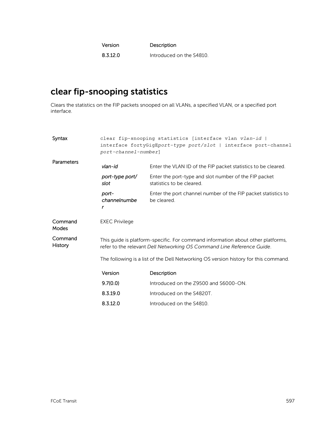 Dell 9.7(0.0) manual Clear fip-snooping statistics, Port-type port, Slot, Channelnumbe 