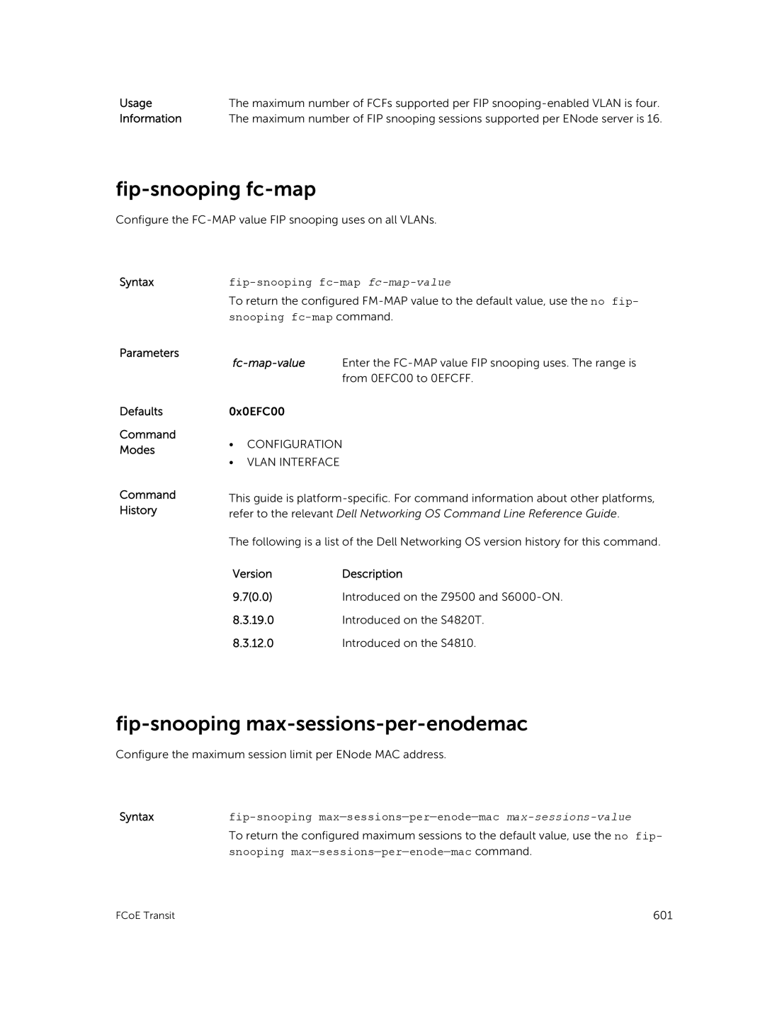 Dell 9.7(0.0) manual Fip-snooping max-sessions-per-enodemac, Fip-snooping fc-map fc-map-value 