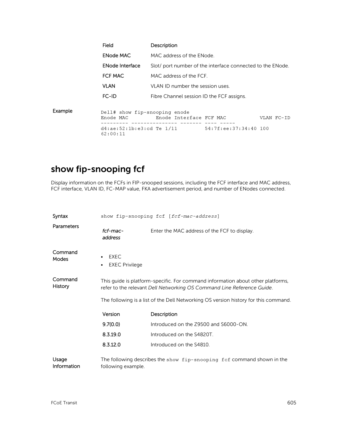 Dell 9.7(0.0) manual Show fip-snooping fcf, Field Description ENode MAC, ENode Interface, Vlan FC-ID 