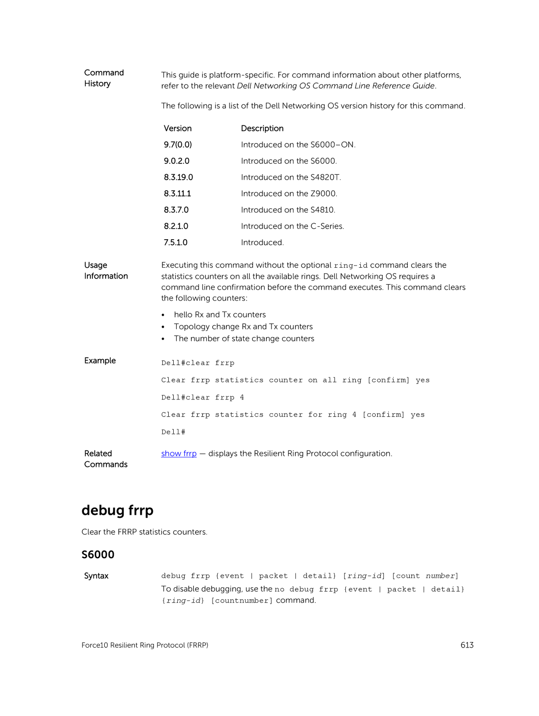 Dell 9.7(0.0) manual Debug frrp, Command History Usage Information Example Related Commands 