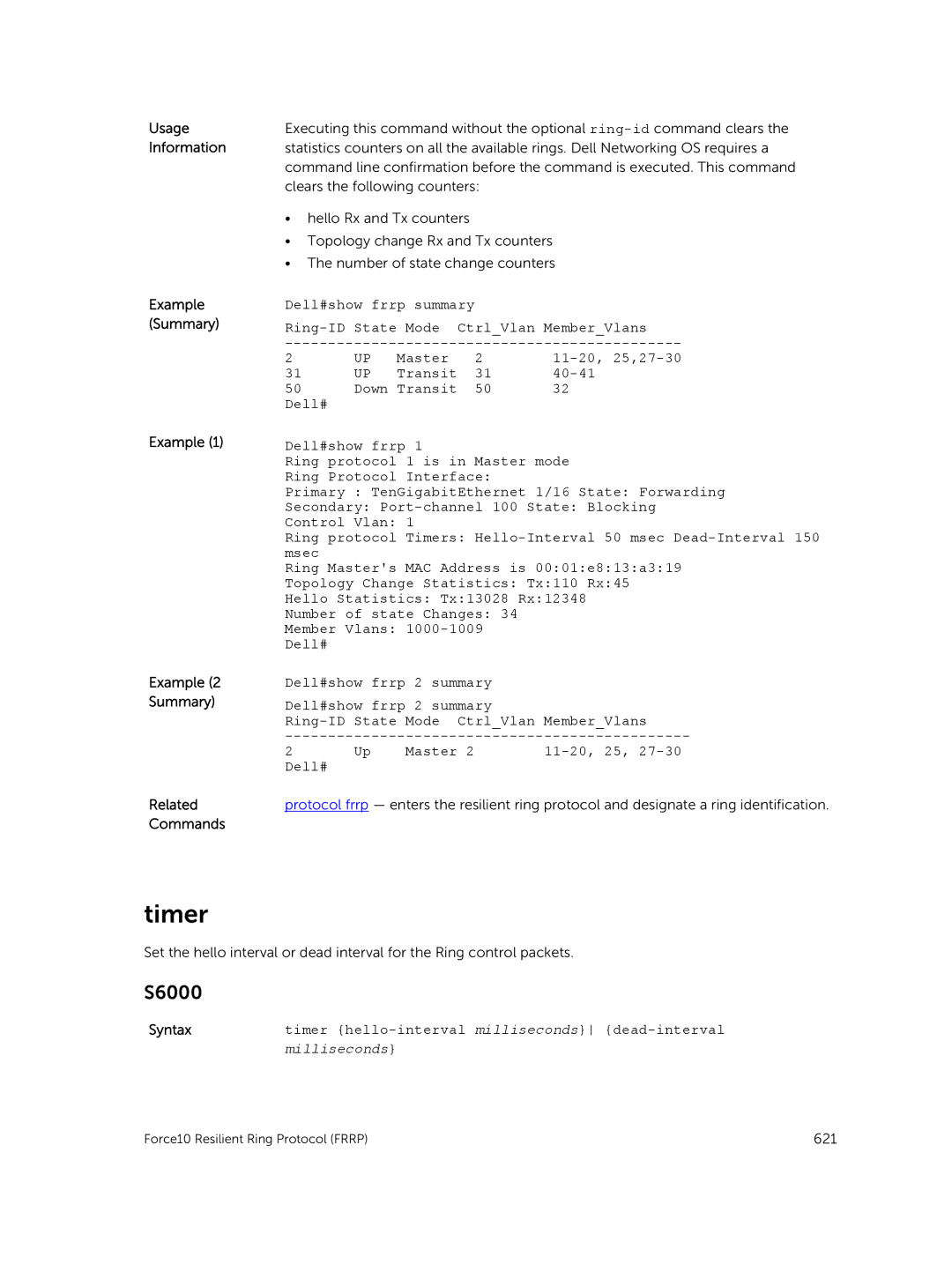 Dell 9.7(0.0) manual Timer, Syntaxtimer hello-interval milliseconds dead-interval 