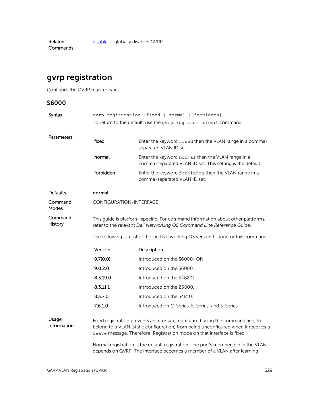 Dell 9.7(0.0) manual Gvrp registration fixed normal forbidden, Fixed, Normal, Forbidden 