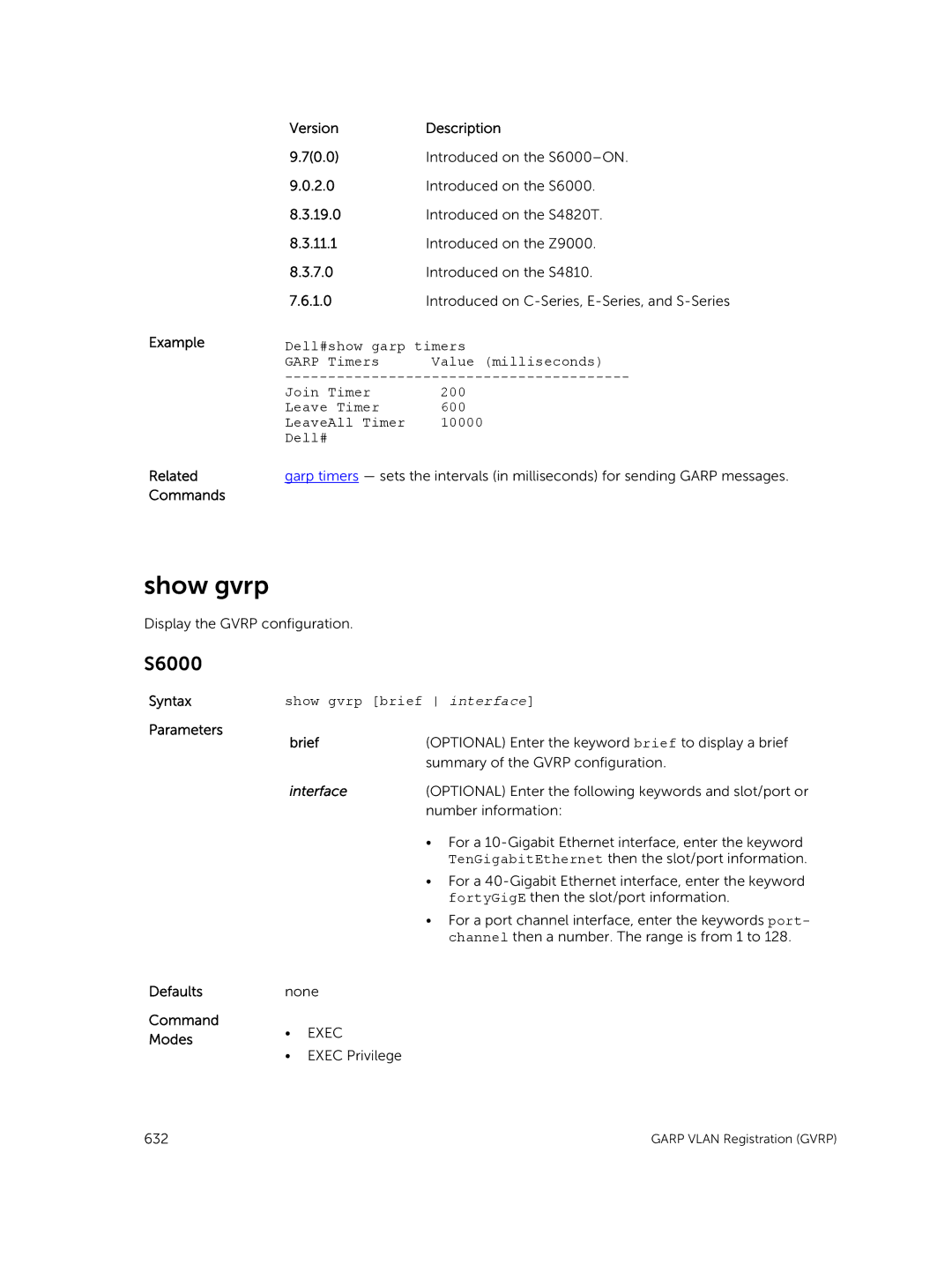 Dell 9.7(0.0) manual Dell#show garp timers, Show gvrp brief interface, Parameters Brief 