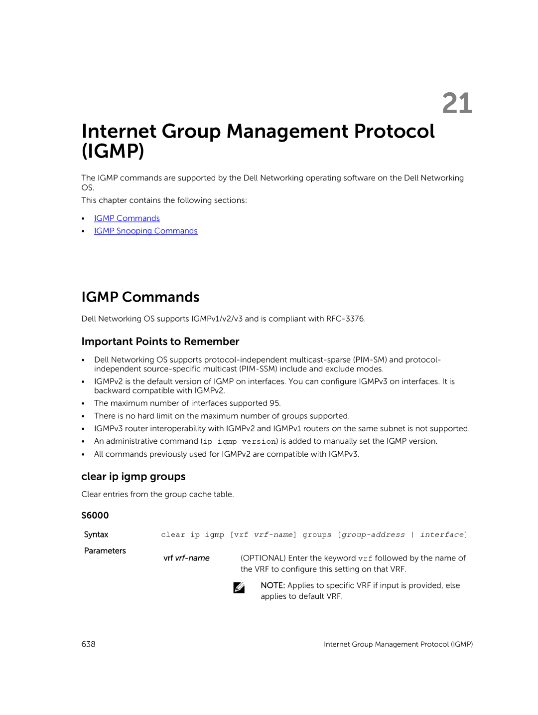 Dell 9.7(0.0) manual Internet Group Management Protocol Igmp, Igmp Commands, Clear ip igmp groups 