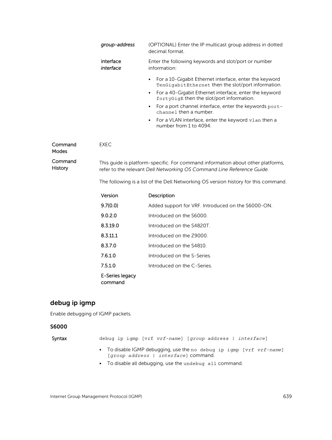 Dell 9.7(0.0) manual Debug ip igmp, Group-address, Series legacy command 