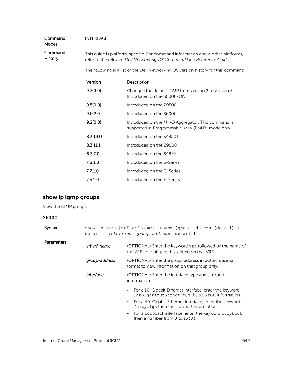 Dell 9.7(0.0) manual Show ip igmp groups, Syntaxshow ip igmp vrf vrf-name groups group-address detail 