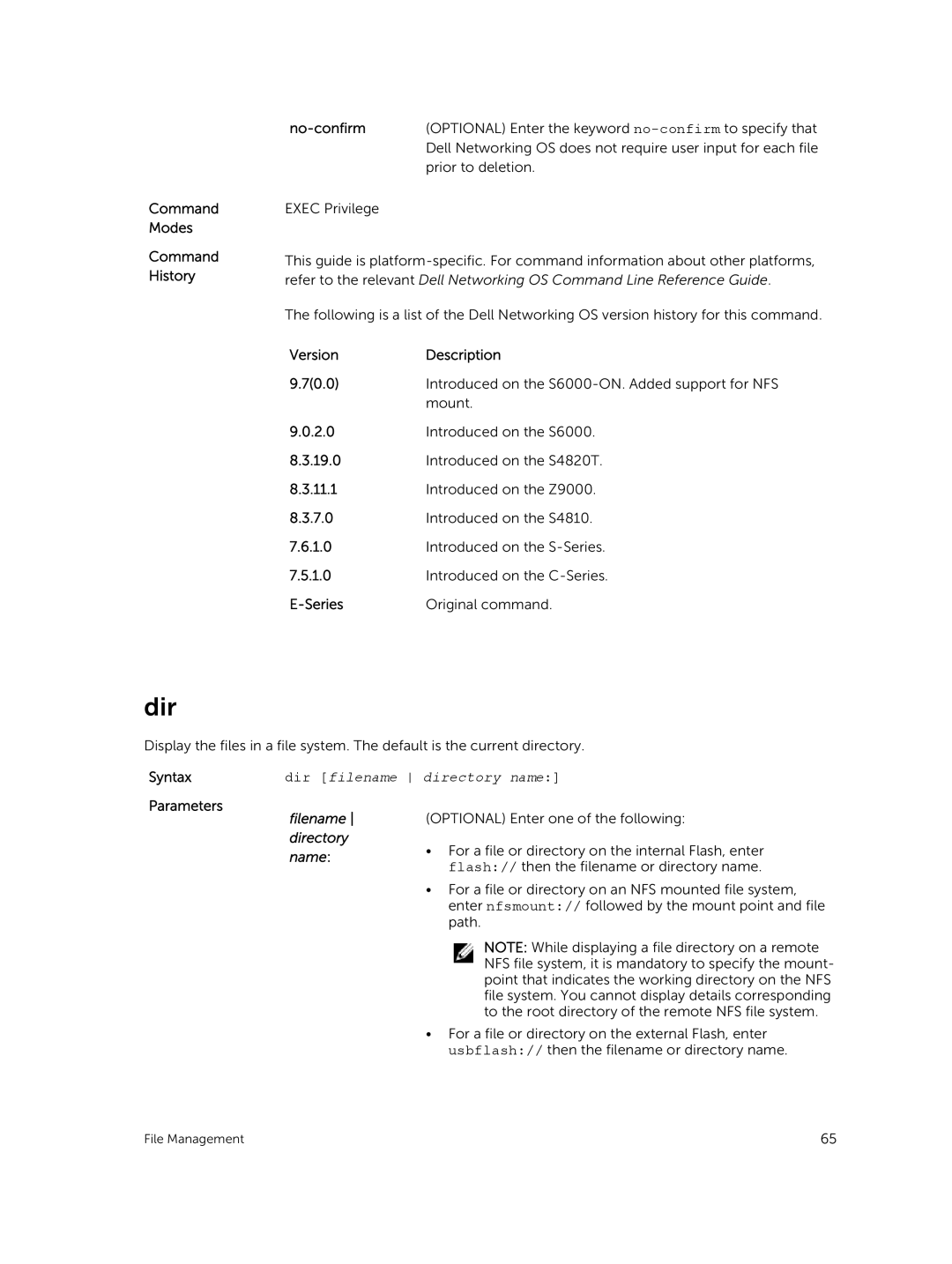 Dell 9.7(0.0) manual Dir, Command Modes Command History No-confirm, Filename, Name 