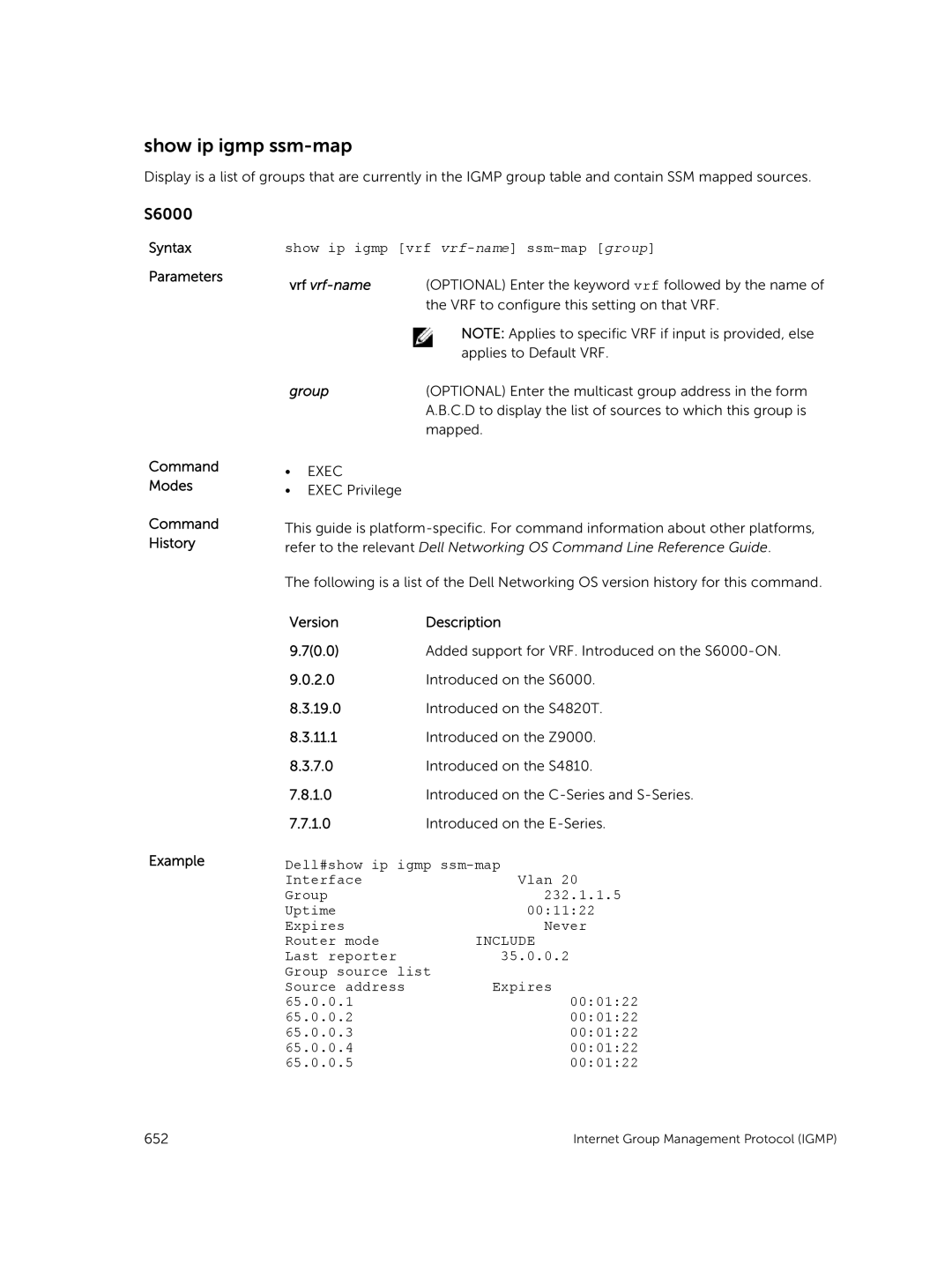 Dell 9.7(0.0) manual Show ip igmp ssm-map, Show ip igmp vrf vrf-name ssm-map group, Group, Dell#show ip igmp ssm-map 