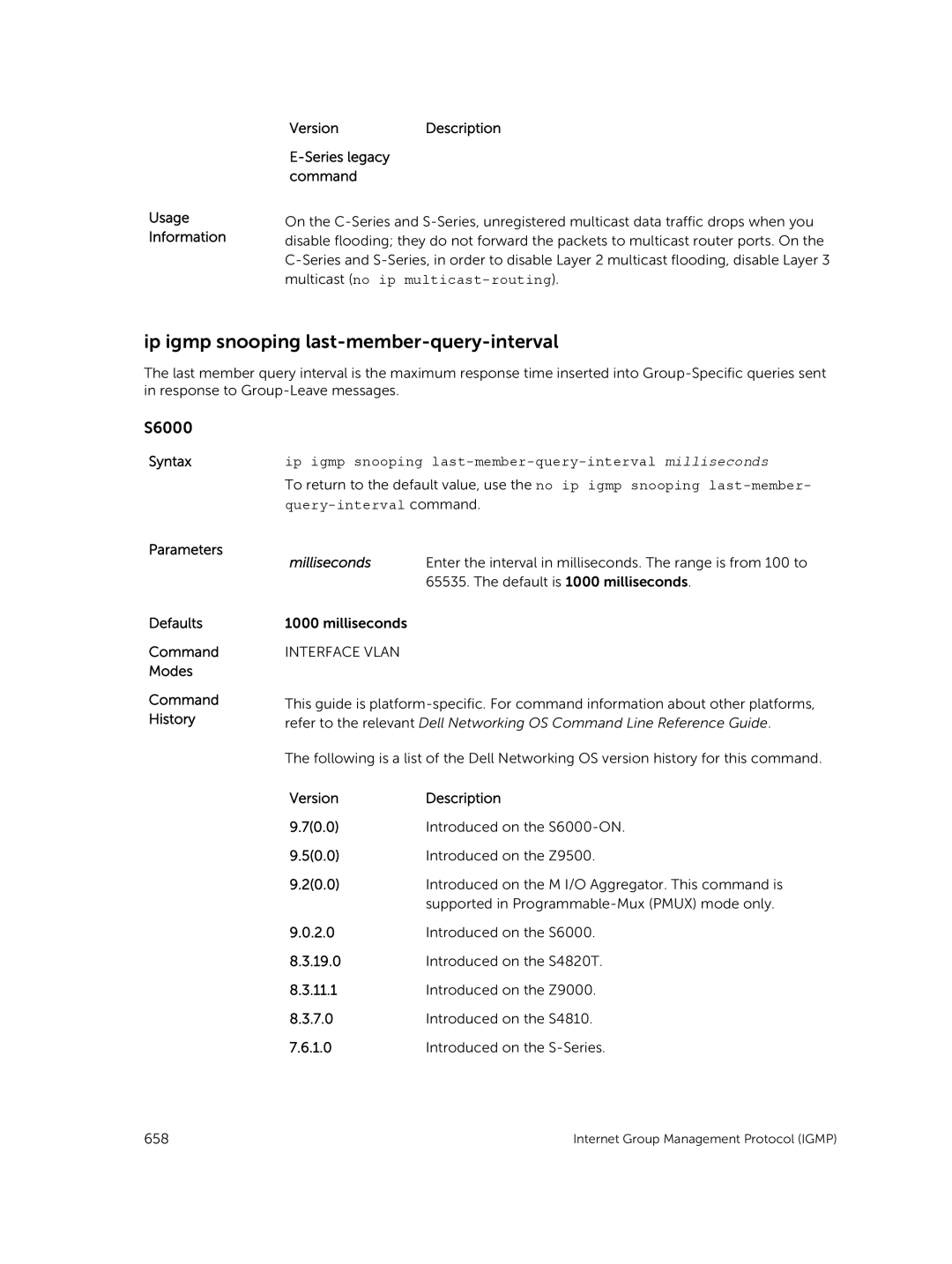 Dell 9.7(0.0) Ip igmp snooping last-member-query-interval, Usage Information VersionDescription Series legacy command 