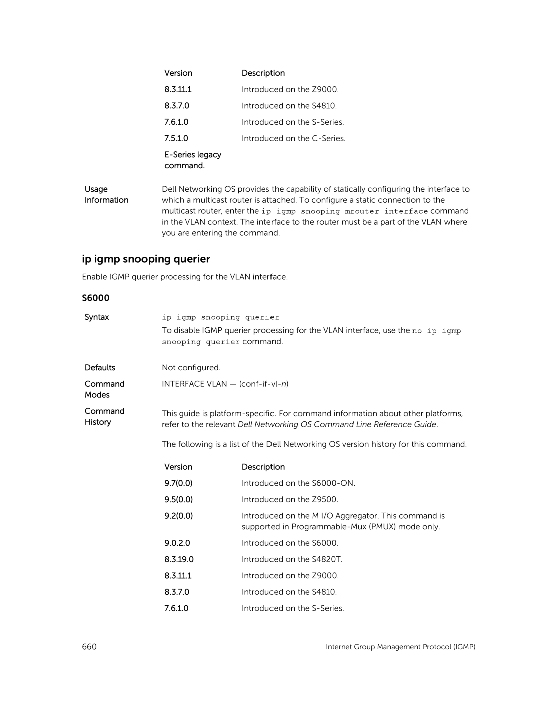 Dell 9.7(0.0) manual Ip igmp snooping querier, Snooping querier command 