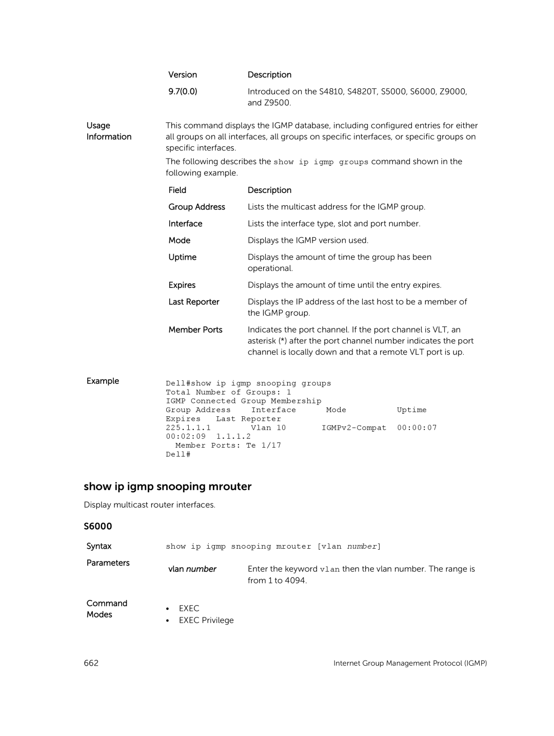 Dell 9.7(0.0) manual Show ip igmp snooping mrouter, Field Description Group Address, Member Ports, Vlan number 