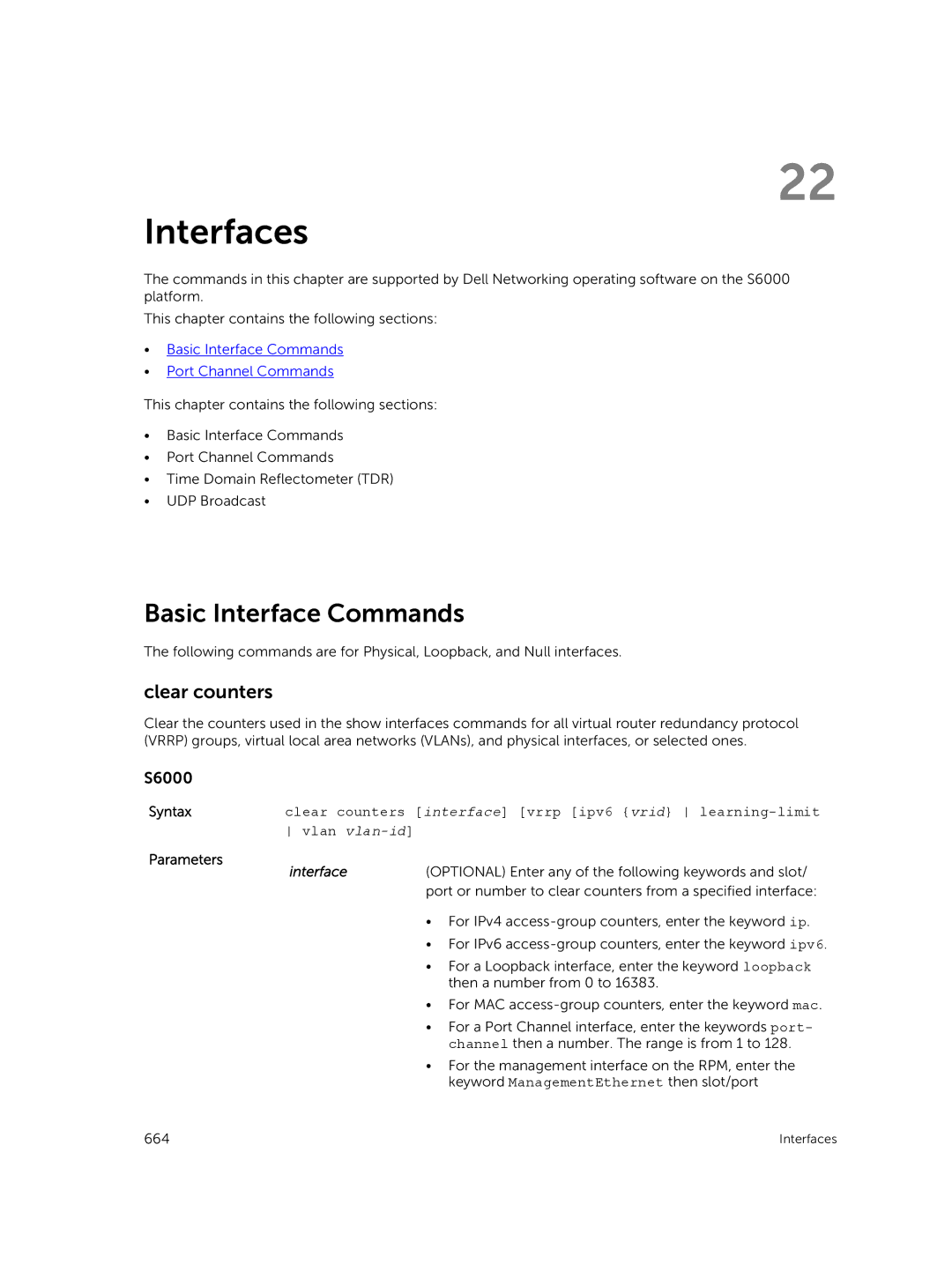 Dell 9.7(0.0) manual Interfaces, Basic Interface Commands, Clear counters interface vrrp ipv6 vrid learning-limit 