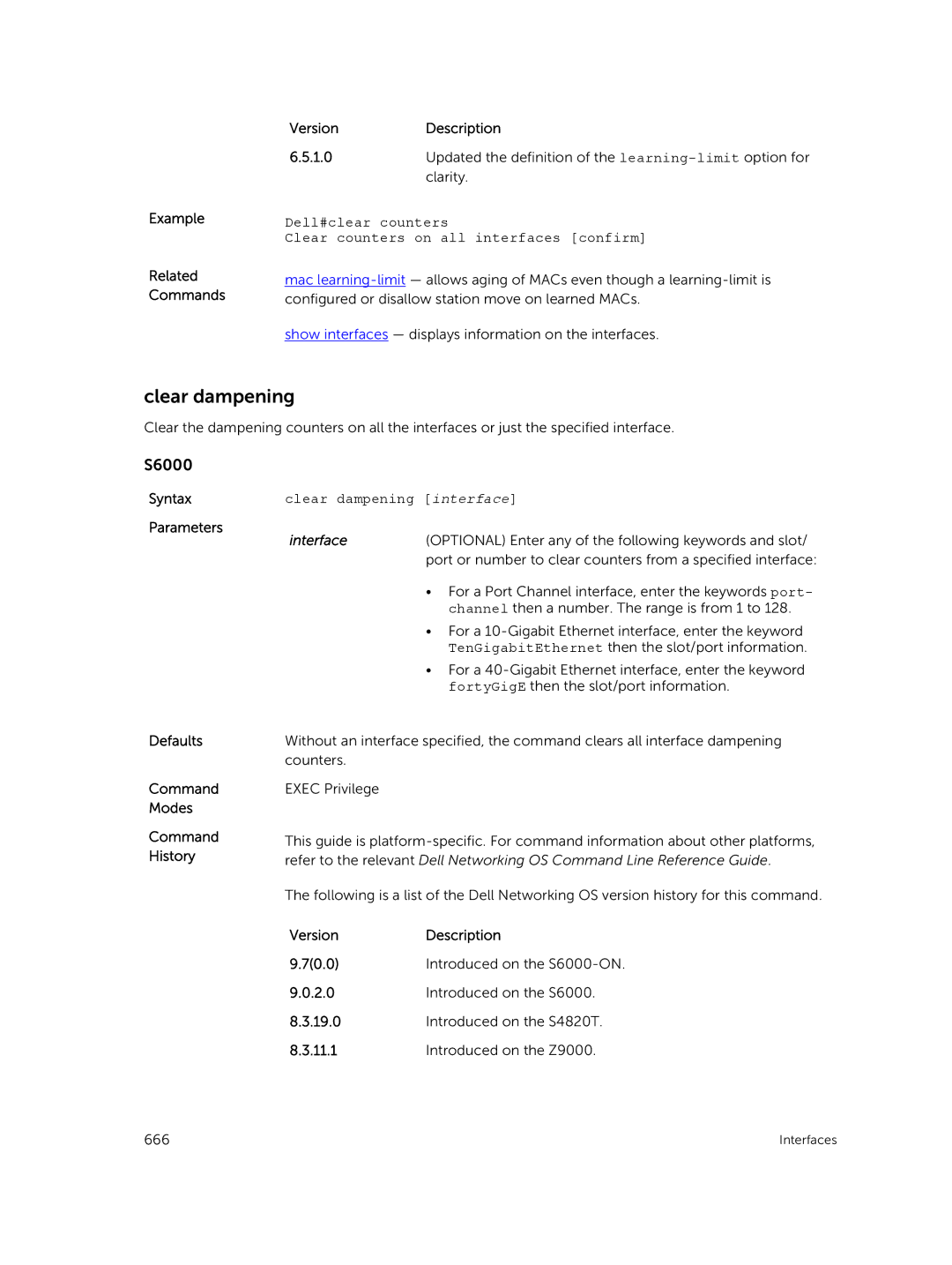 Dell 9.7(0.0) manual Example Related Commands VersionDescription, Clear dampening interface 