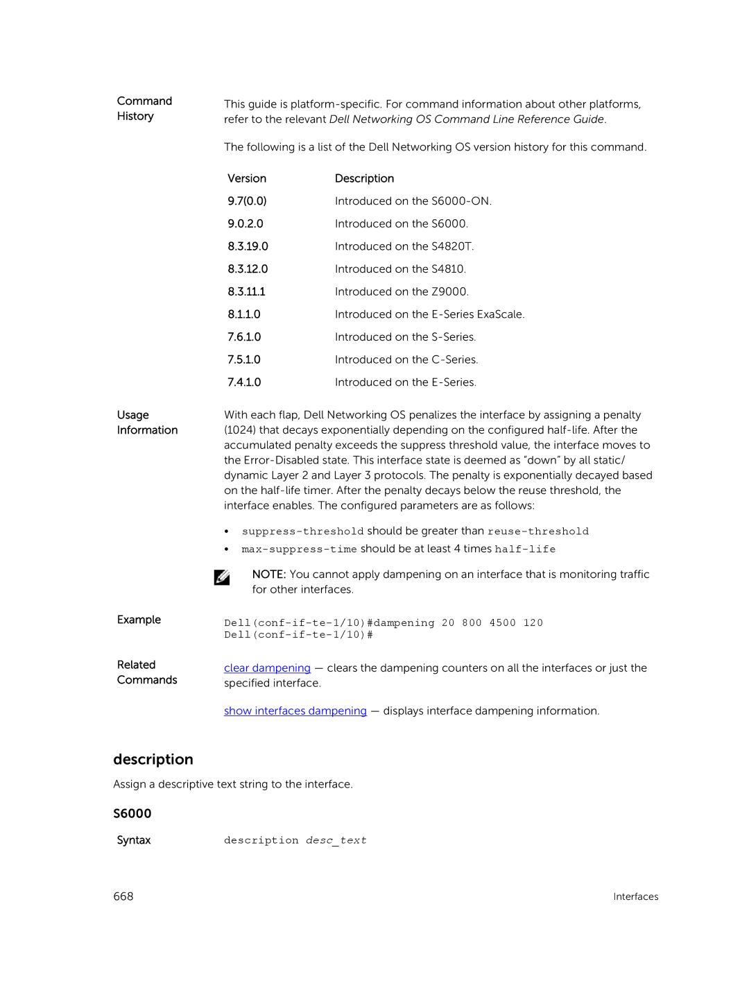 Dell 9.7(0.0) manual Command History Usage Information Example Related Commands, Description desctext 