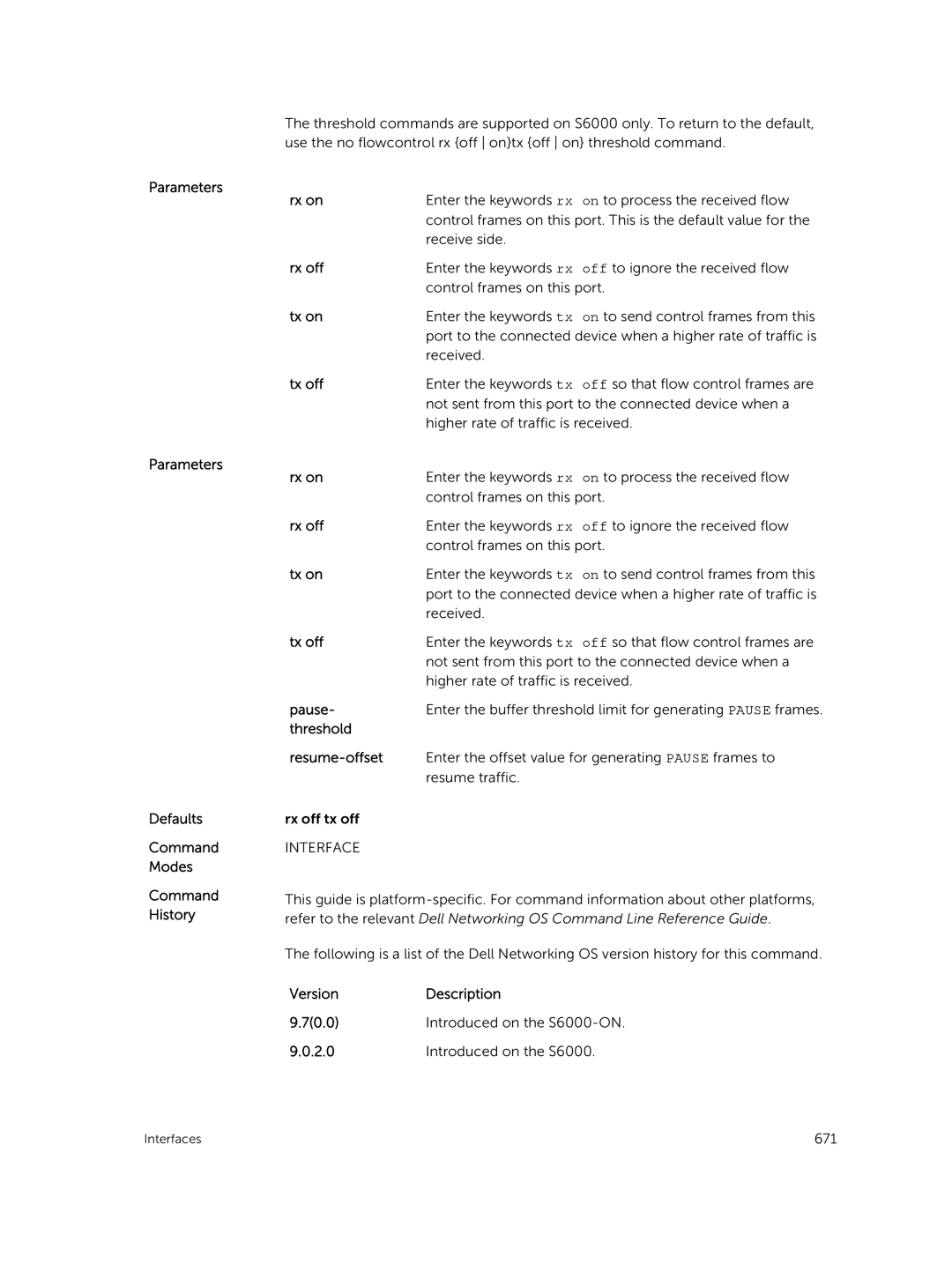 Dell 9.7(0.0) manual Rx on, Rx off, Tx on, Tx off, Threshold Resume-offset 