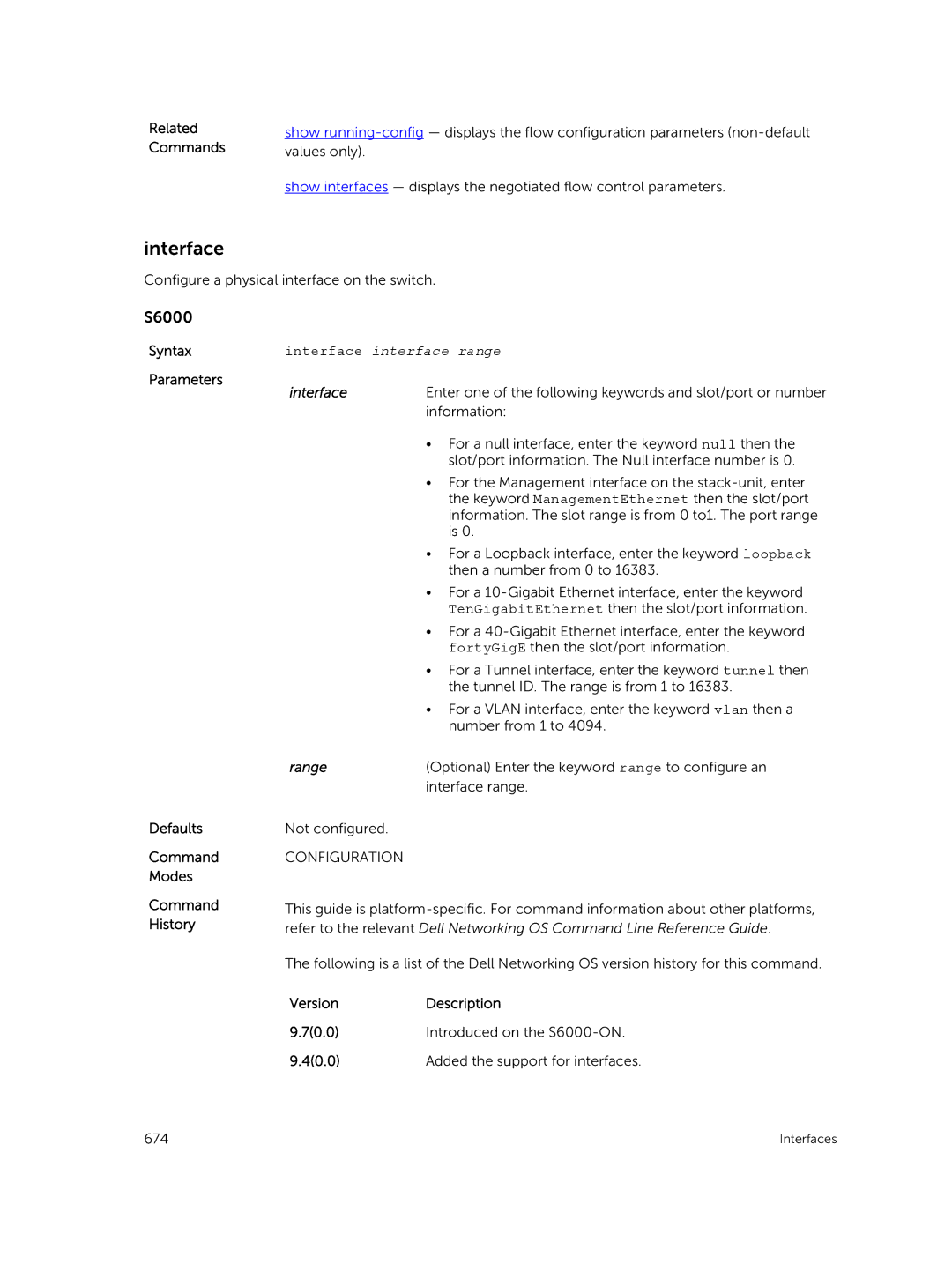 Dell 9.7(0.0) manual Interface, Enter one of the following keywords and slot/port or number, Range 