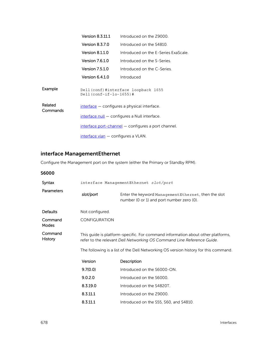 Dell 9.7(0.0) manual Example Related Commands Version, Interface ManagementEthernet slot/port 