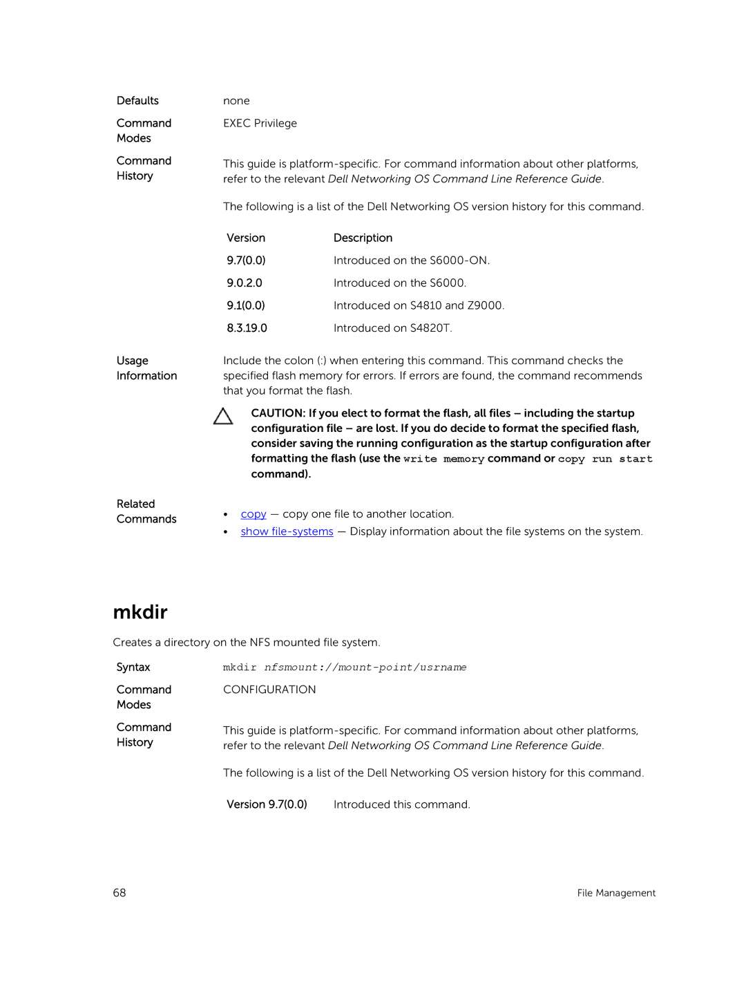 Dell 9.7(0.0) manual Mkdir, VersionDescription 70.0, Introduced on S4810 and Z9000 