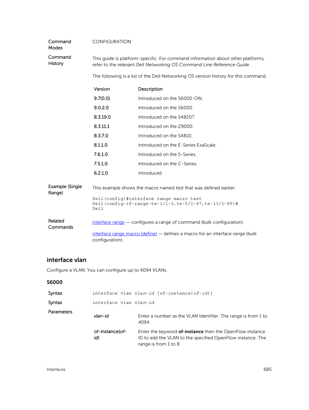 Dell 9.7(0.0) manual Command Modes History Example Single Range Related Commands, Interface vlan vlan-id, 4094 