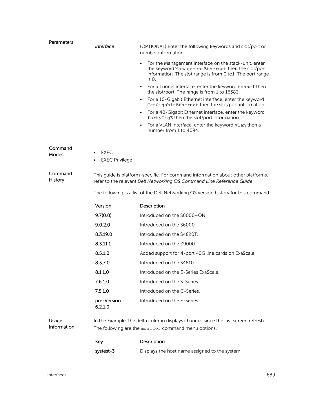 Dell 9.7(0.0) manual Parameters Command Modes Command History Usage Information, KeyDescription Systest-3 