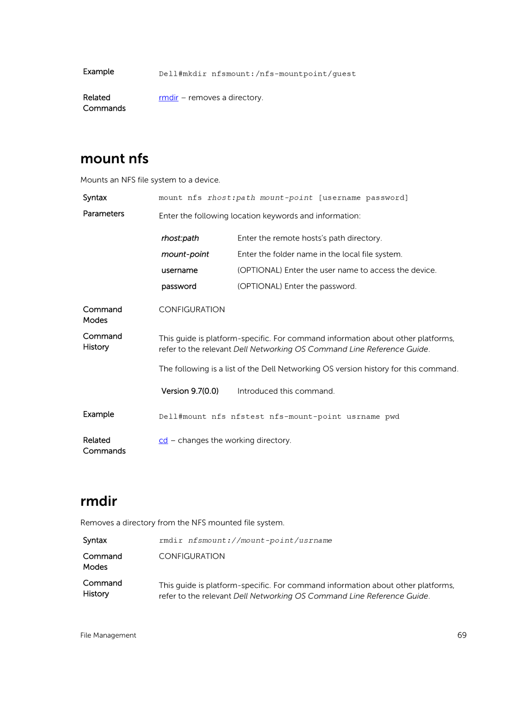 Dell 9.7(0.0) manual Mount nfs, Rmdir, Dell#mkdir nfsmount/nfs-mountpoint/guest, Password Optional Enter the password 