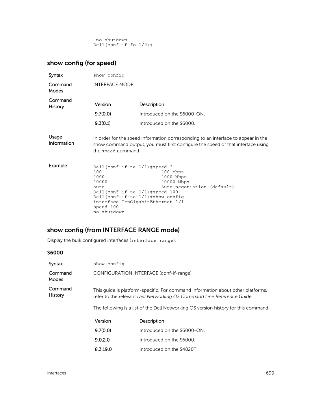 Dell 9.7(0.0) manual Show config for speed, Show config from Interface Range mode, No shutdown Dellconf-if-fo-1/4# 