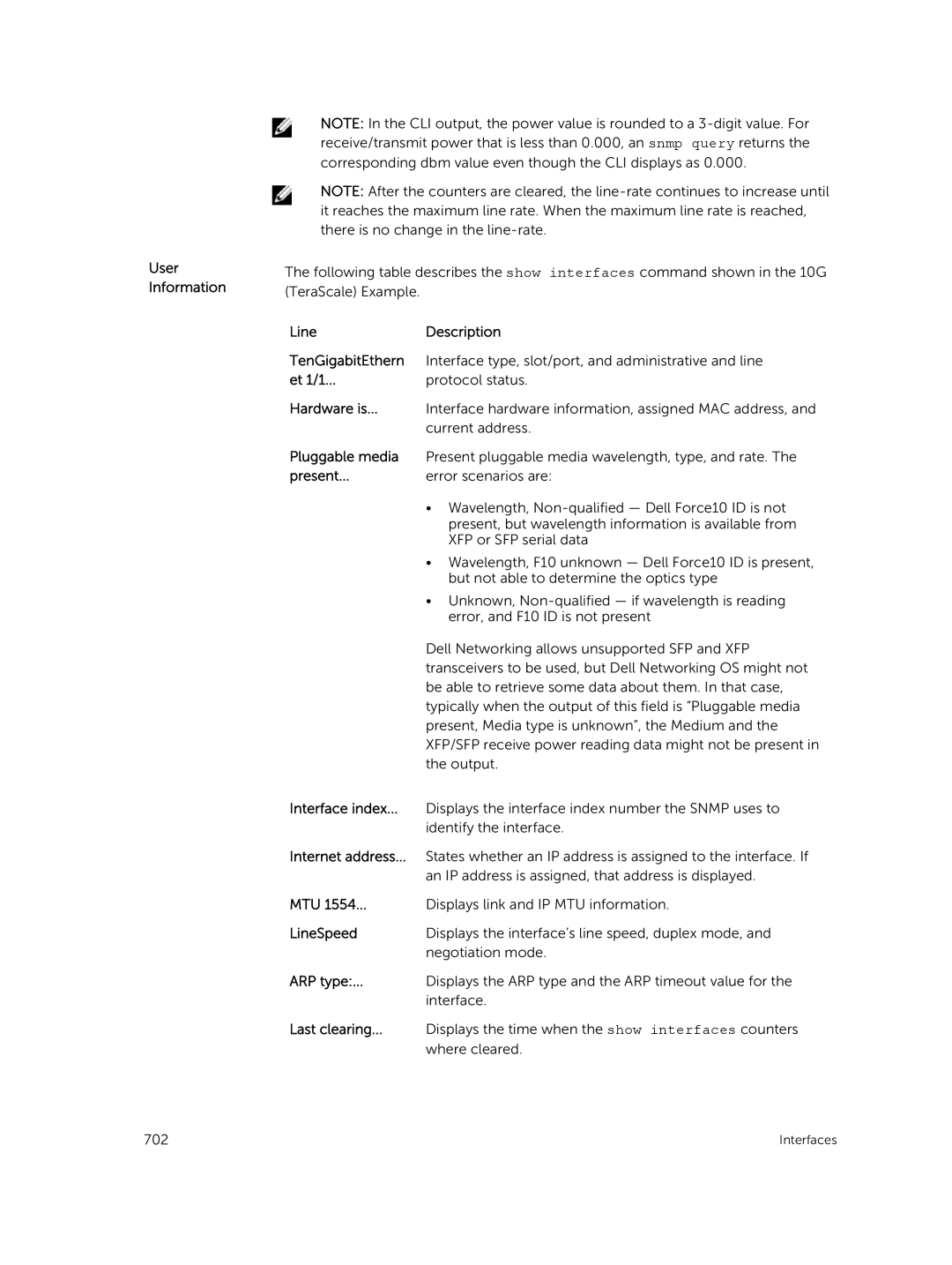 Dell 9.7(0.0) manual Line Description TenGigabitEthern, Et 1/1, Hardware is, Pluggable media, Present, Interface index, Mtu 