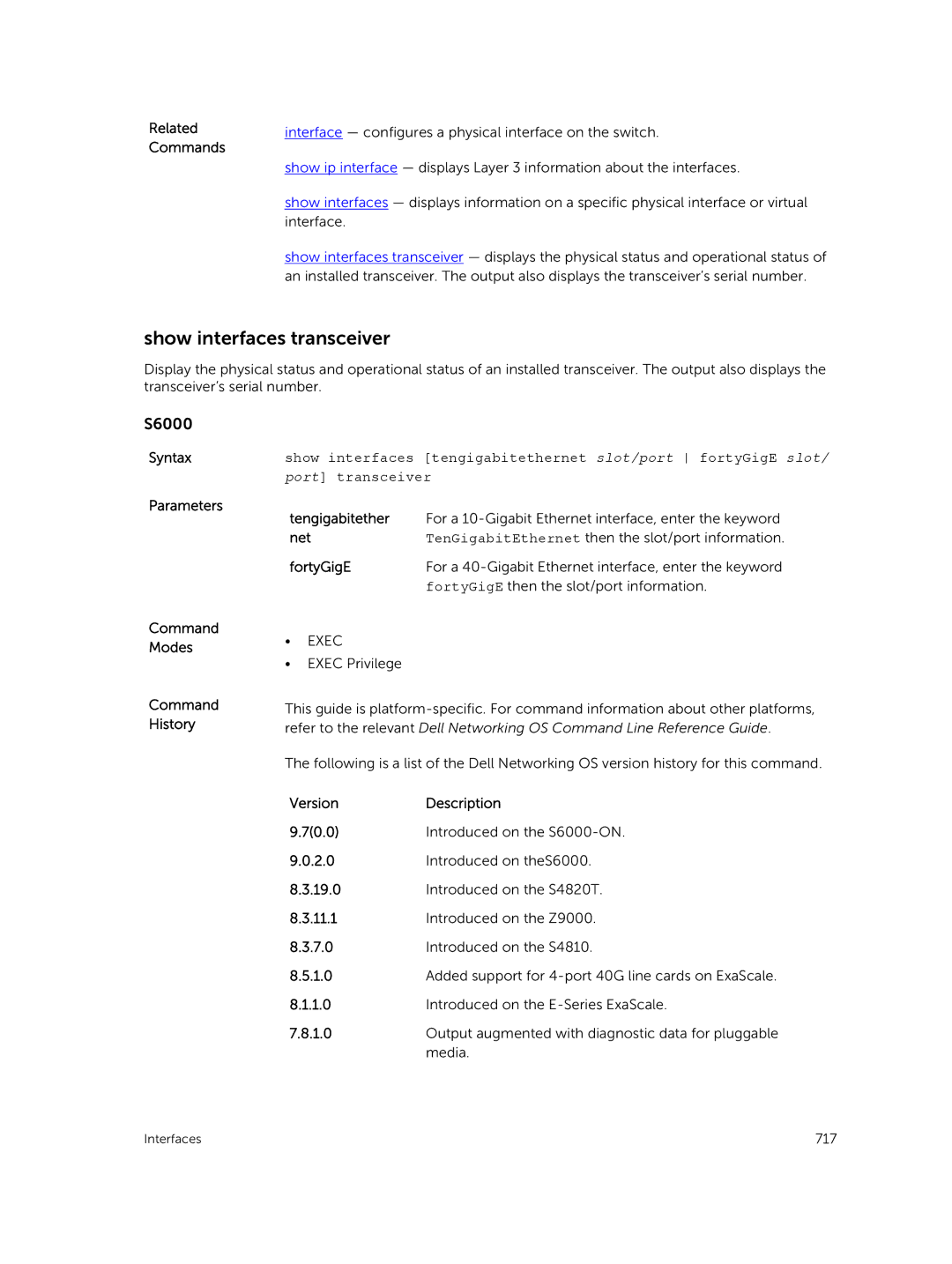 Dell 9.7(0.0) manual Show interfaces transceiver, Tengigabitether, Net, FortyGigE 