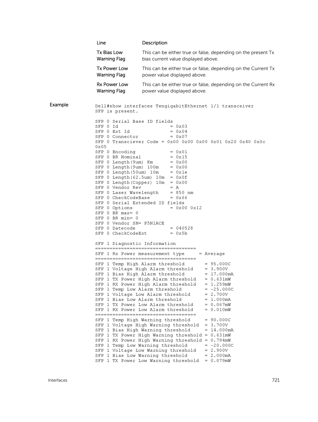 Dell 9.7(0.0) manual Line Description Tx Bias Low, Dell#show interfaces TengigabitEthernet 1/1 transceiver 