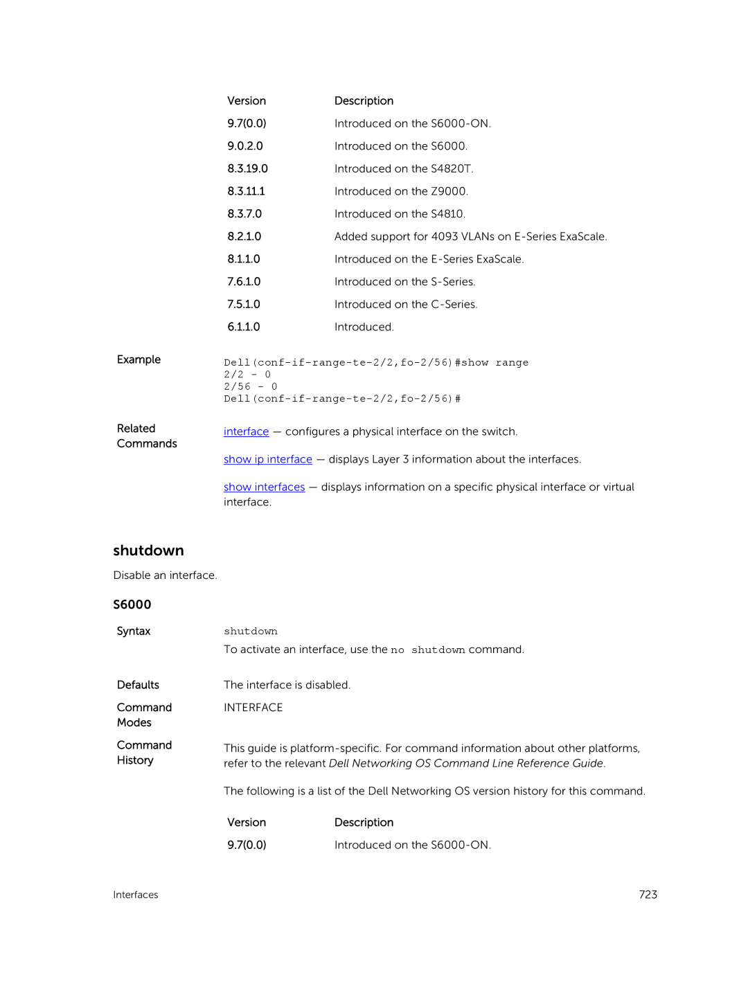 Dell 9.7(0.0) manual Shutdown, Dellconf-if-range-te-2/2,fo-2/56#show range 