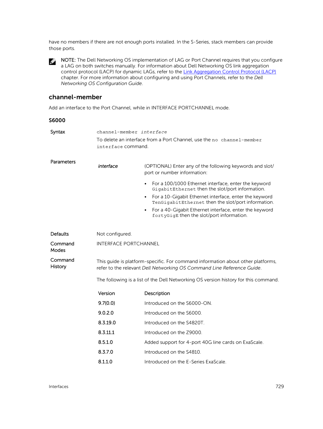 Dell 9.7(0.0) manual Channel-member interface, Interface command, Port or number information 