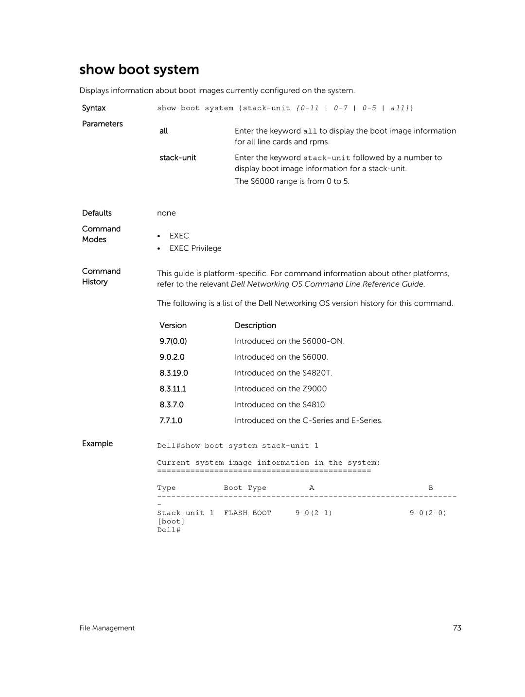 Dell 9.7(0.0) manual Show boot system, Syntax Parameters Defaults Command Modes Command History, All, Flash Boot 