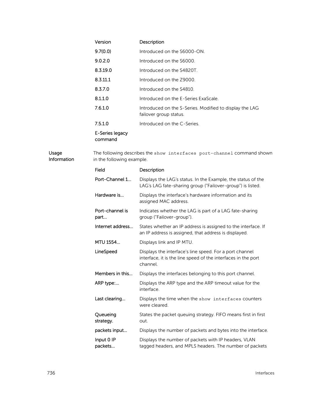 Dell 9.7(0.0) Series legacy command Usage, Field Description Port-Channel, Port-channel is, Part, Members in this, Packets 