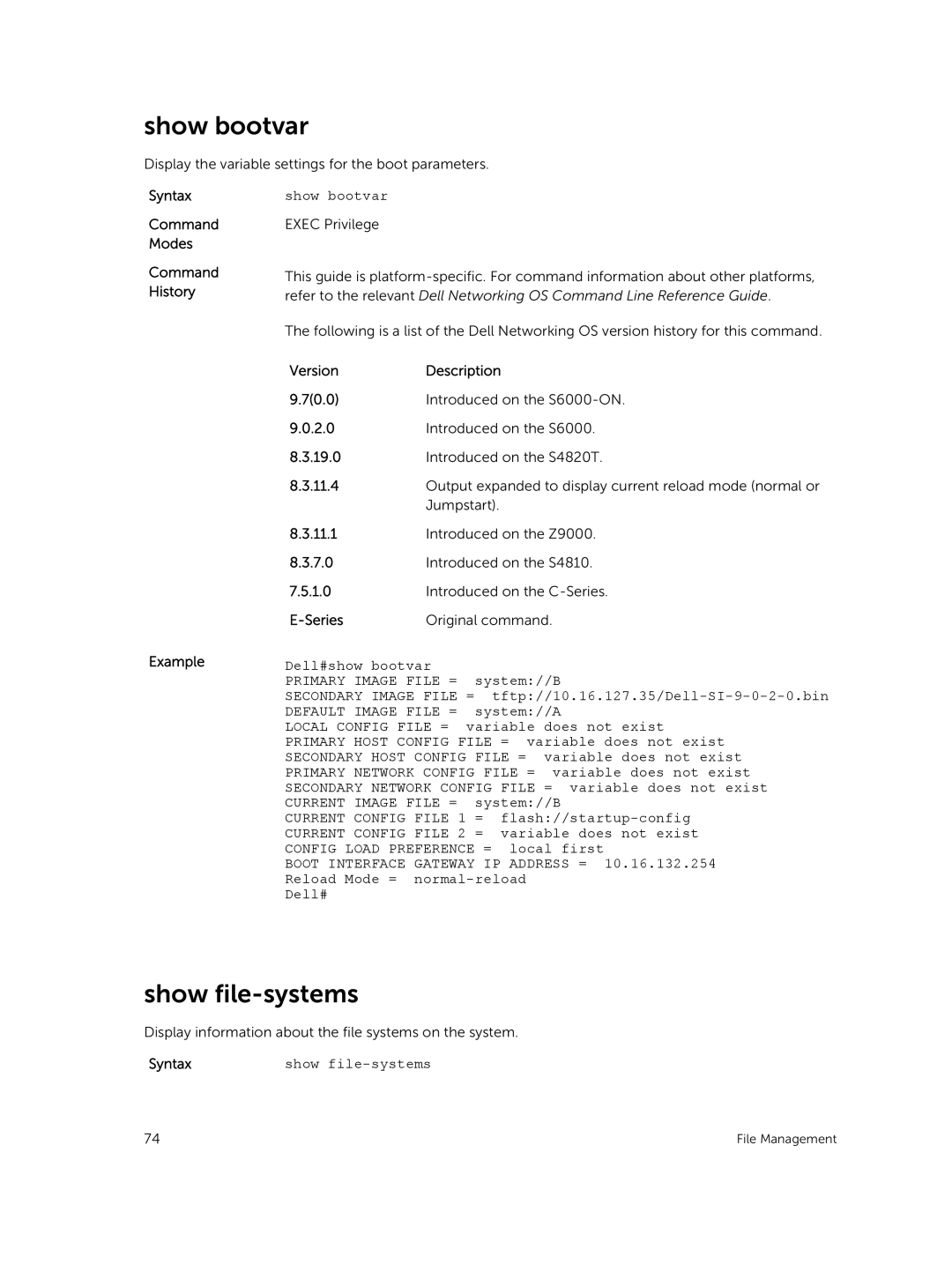 Dell 9.7(0.0) manual Show bootvar, Show file-systems, Syntax Command Modes Command History Example 