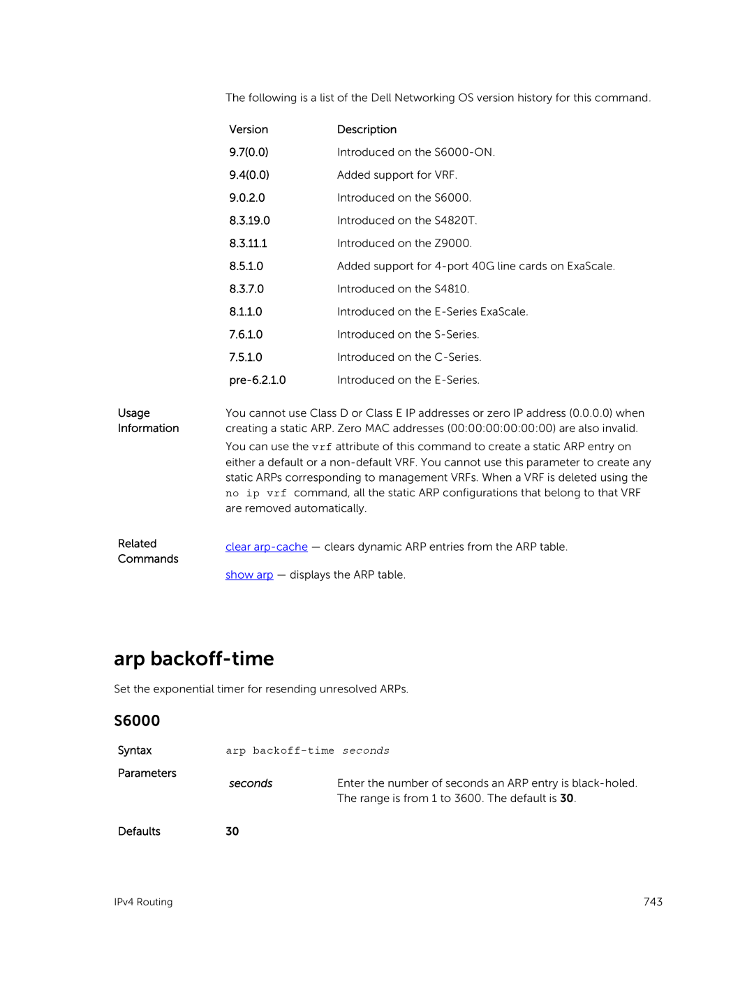 Dell 9.7(0.0) manual Arp backoff-time seconds, Enter the number of seconds an ARP entry is black-holed 