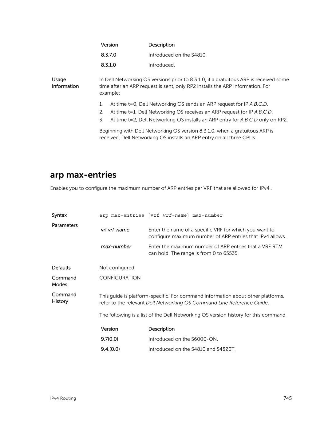 Dell 9.7(0.0) manual Arp max-entries vrf vrf-name max-number, Max-number 