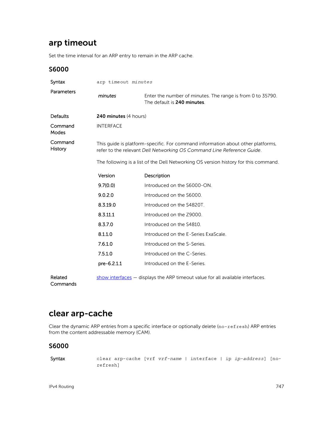 Dell 9.7(0.0) Clear arp-cache, Arp timeout minutes, Enter the number of minutes. The range is from 0 to, Pre-6.2.1.1 