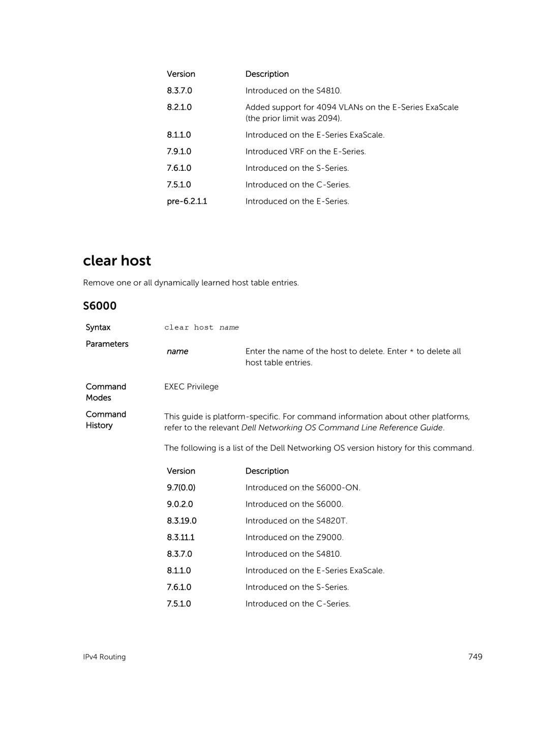 Dell 9.7(0.0) manual Clear host name, Enter the name of the host to delete. Enter * to delete all, Host table entries 