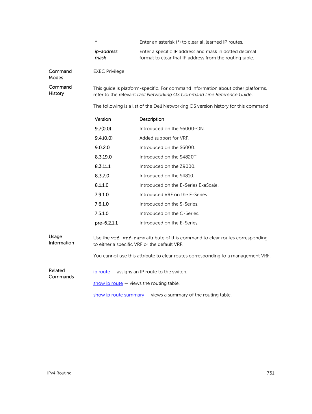 Dell 9.7(0.0) manual Ip-address, Format to clear that IP address from the routing table 