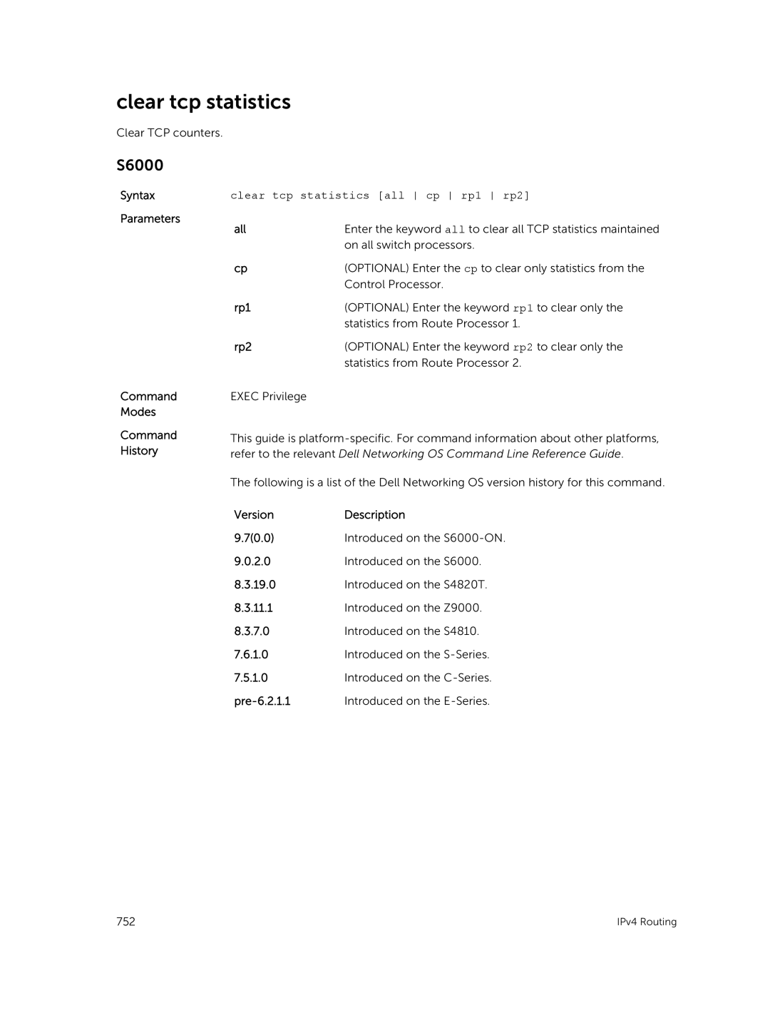 Dell 9.7(0.0) manual Clear tcp statistics all cp rp1 rp2 