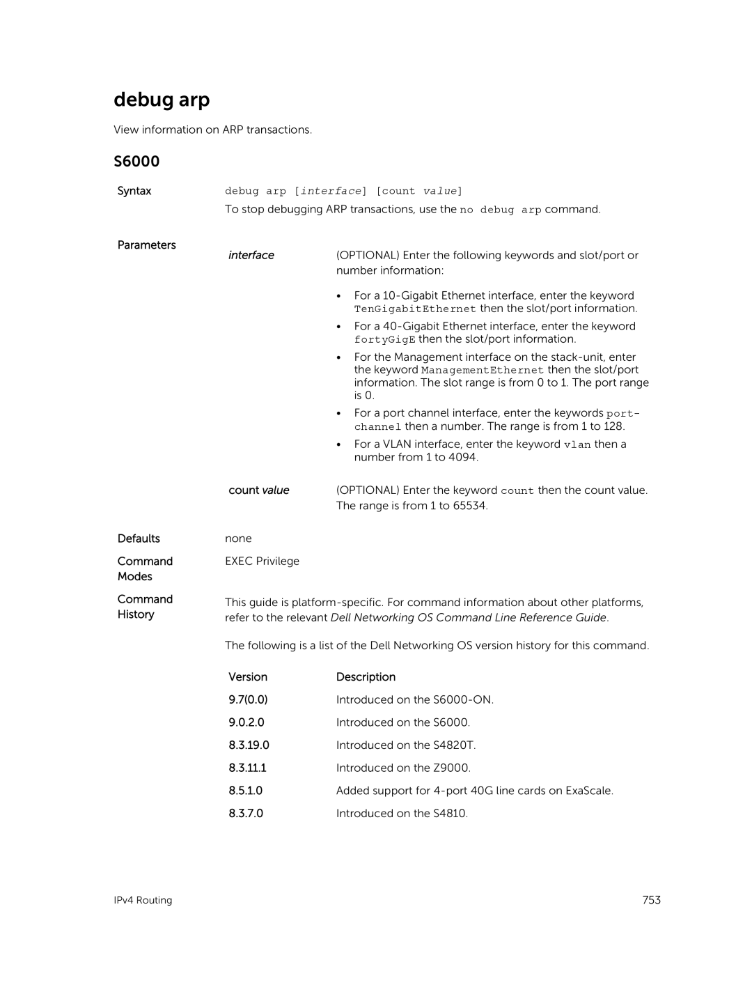 Dell 9.7(0.0) manual Debug arp interface count value, Count value 