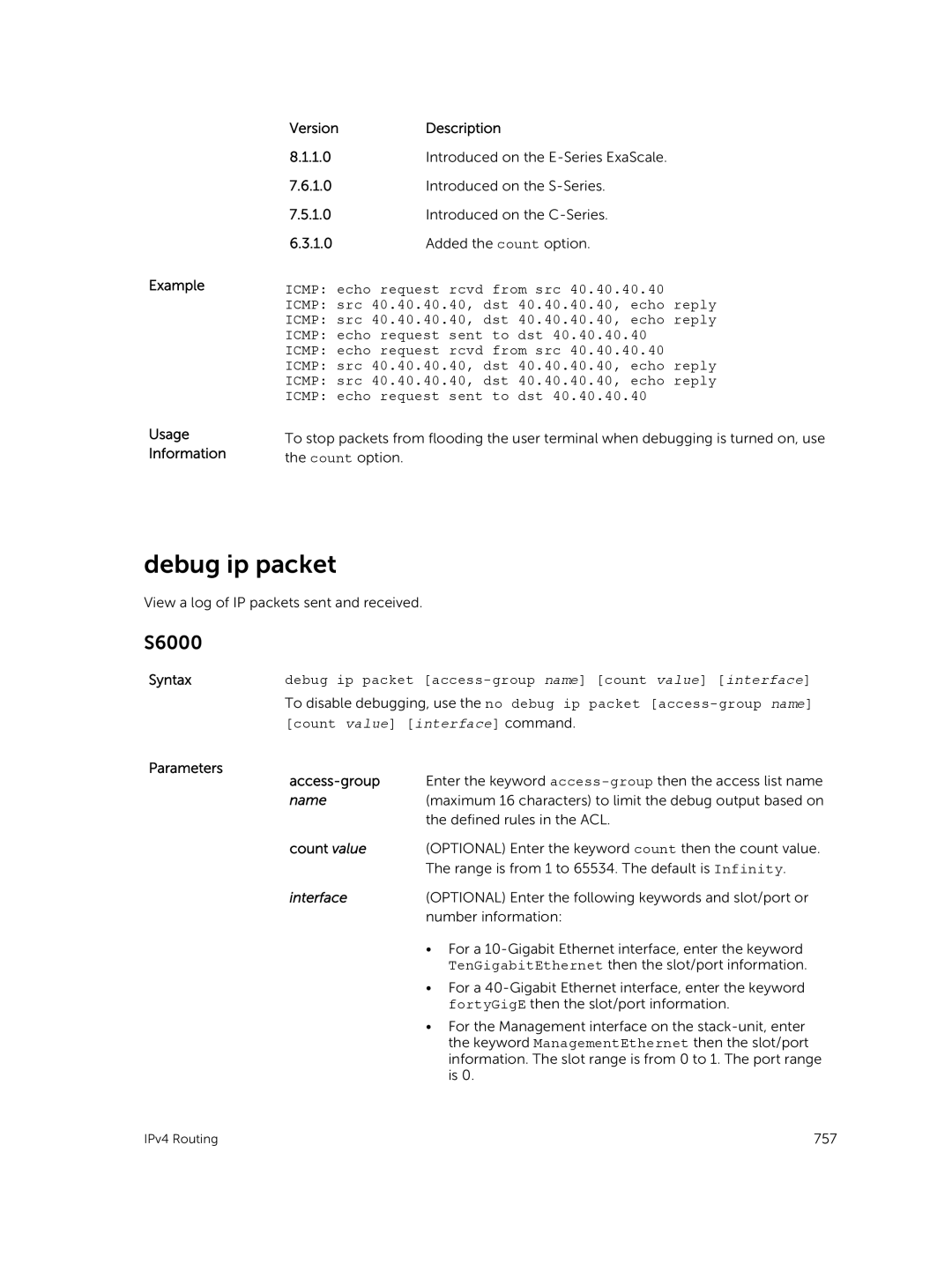 Dell 9.7(0.0) manual Debug ip packet, Example Usage Information VersionDescription, Access-group 