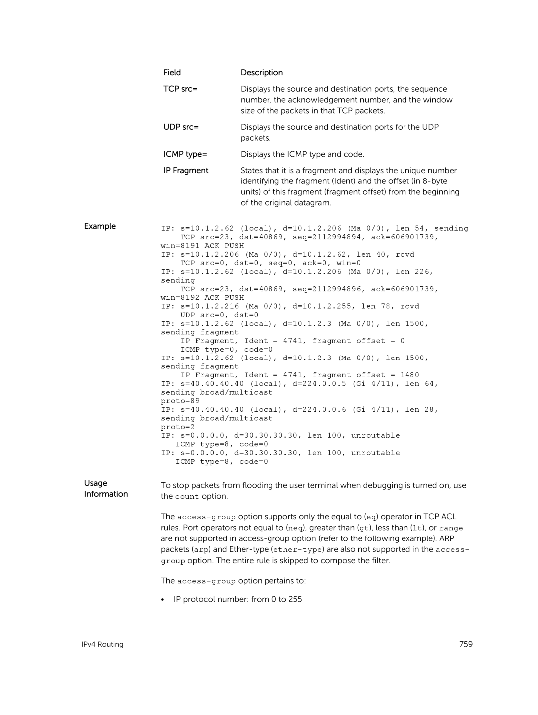 Dell 9.7(0.0) manual Example Usage Information Field Description TCP src=, UDP src=, Icmp type=, IP Fragment 