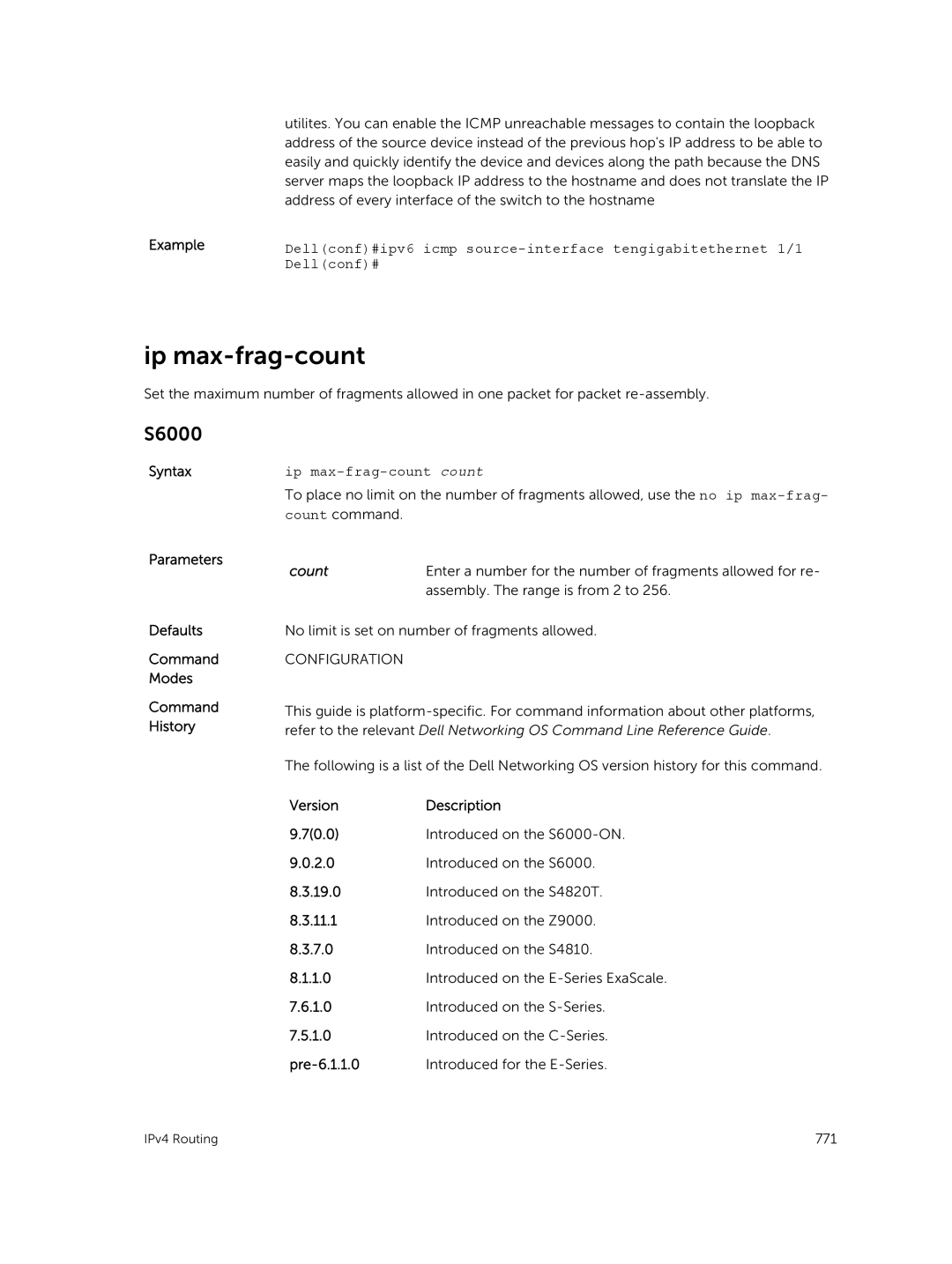 Dell 9.7(0.0) manual Dellconf#ipv6 icmp source-interface tengigabitethernet 1/1, Ip max-frag-count count 