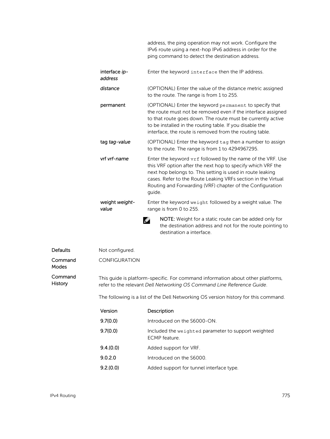 Dell 9.7(0.0) manual Interface ip, Address Distance, Permanent, Tag tag-value, Weight weight 