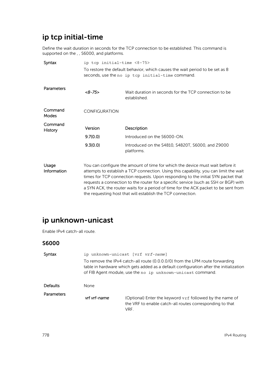 Dell 9.7(0.0) manual Ip tcp initial-time, Ip unknown-unicast vrf vrf-name 