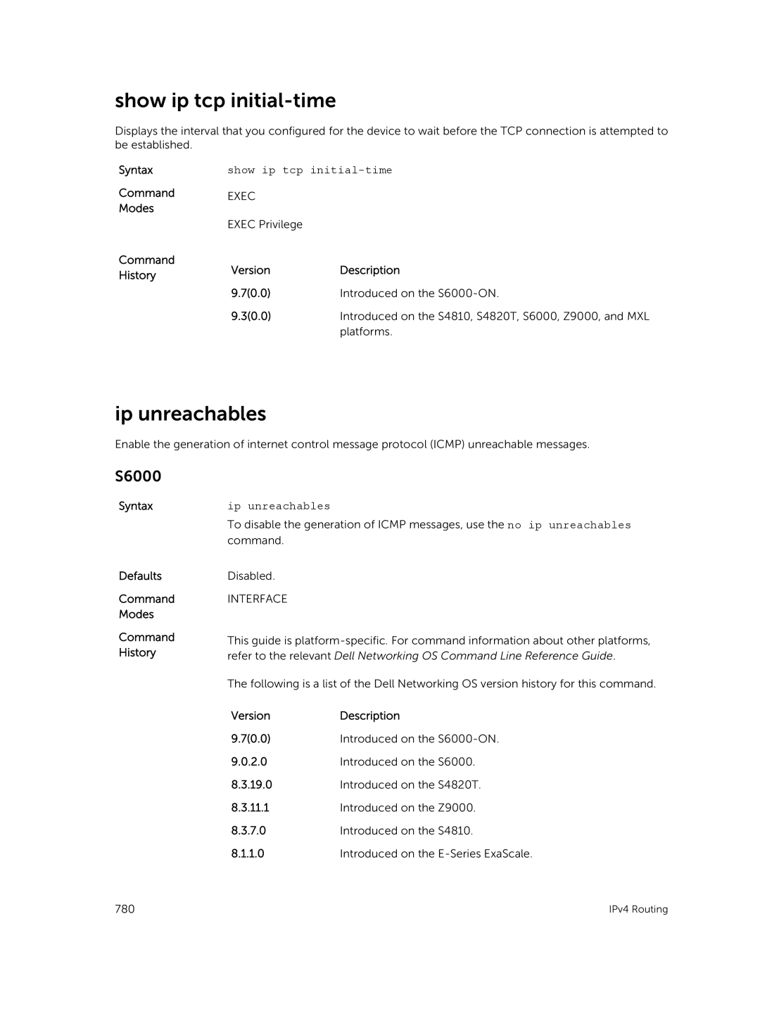 Dell 9.7(0.0) manual Show ip tcp initial-time, Ip unreachables 