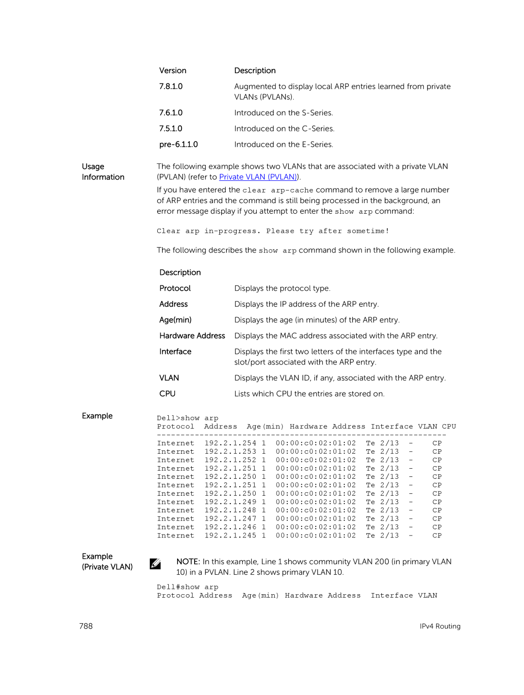 Dell 9.7(0.0) manual Clear arp in-progress. Please try after sometime, Lists which CPU the entries are stored on 