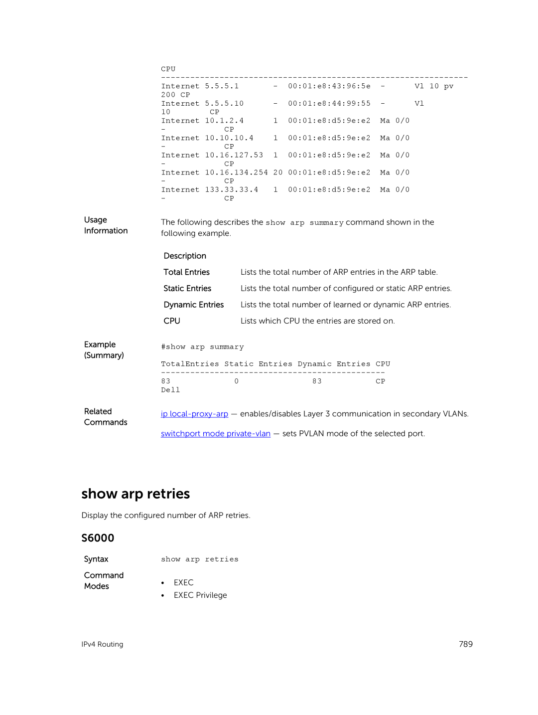 Dell 9.7(0.0) manual Show arp retries, Usage Information Example Summary Related Commands, Cpu 