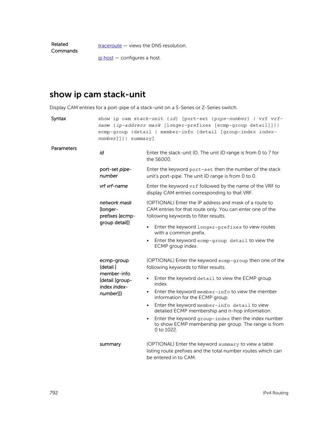 Dell 9.7(0.0) manual Show ip cam stack-unit, Parameters Port-set pipe- number 